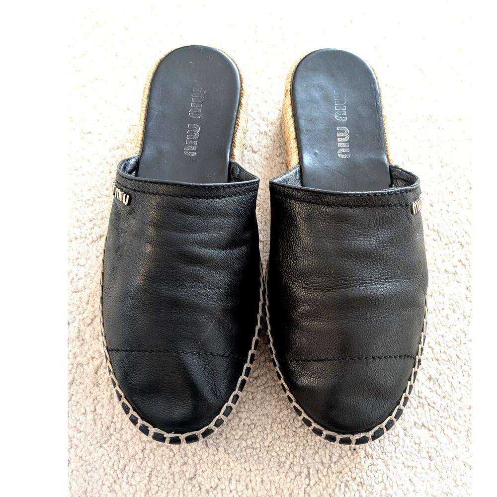 Miu Miu Black Leather Slip-on Espadrille Mules